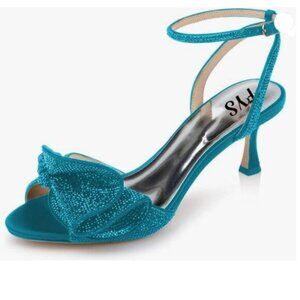 FYS Cyan Rhinestones Bow Peep Toe High  Heel Ankle Strap Satin Dress Sandal
